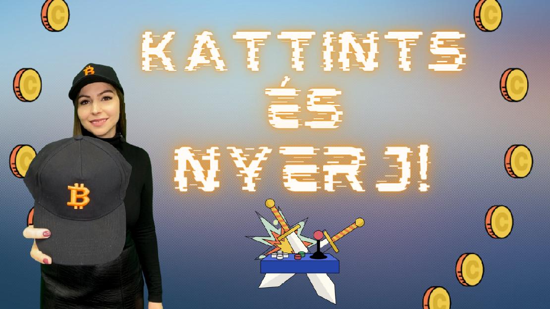 Egy Bitcoin logós sapkát tartó hölgy, mellette Kattints és nyerj! felirattal és játékkonzollal